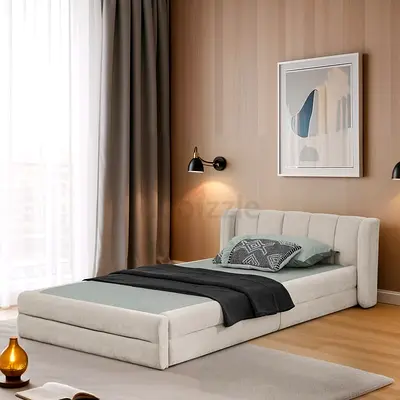 Single upholstered bed frame with padded headboard - light grey