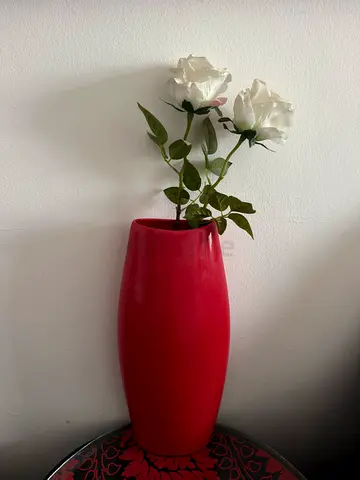 Red Ceramic Vase with Artificial White Roses - Good Condition