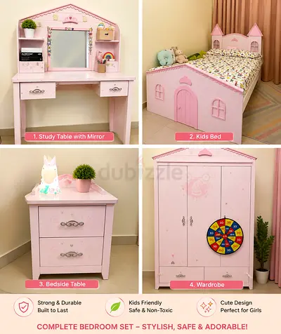 Complete Pink Princess Kids Bedroom Set — Bed, Wardrobe, Study Table & Bedside