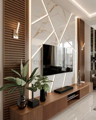 Modern wooden TV unit with slatted cabinet and marble-effect feature wall
