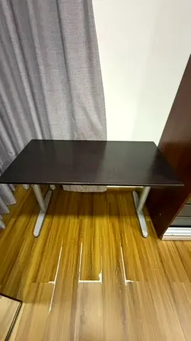 Small dark wood study desk with metal legs - 120W x 60D x 74H