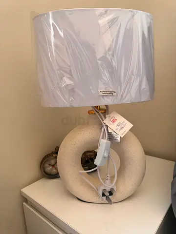 Beige Stone Base Table Lamp with White Fabric Shade unused (New)
