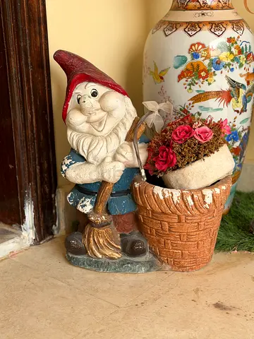 Ceramic Garden Gnome Figurine with Flower Basket