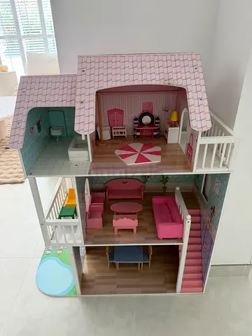 Wooden Dollhouse with Furniture - 3-Level Playhouse, Pink/White