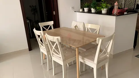 Wooden 6-Seater IKEA Dining Table with 4 White IKEA Crossback Chairs