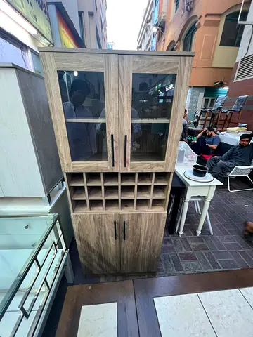 Wooden Kitchen Cabinet with Glass Doors and Built-in Wine Rack