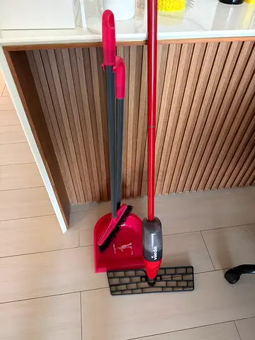 Red broom and dustpan set — used, good condition
