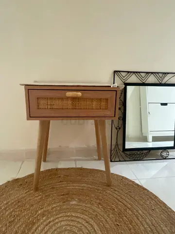 Wooden Nightstand with Woven Drawer Panel - Light Oak Finish