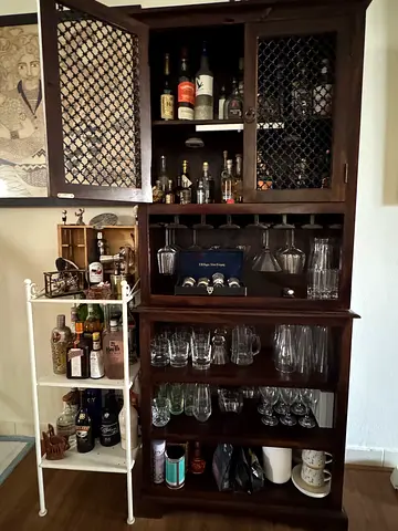 Solid Wood Home Bar Cabinet with Glass & Bottle Storage — Good Condition