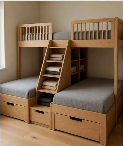Solid Wood Triple Bunk Bed with Storage and Central Shelves