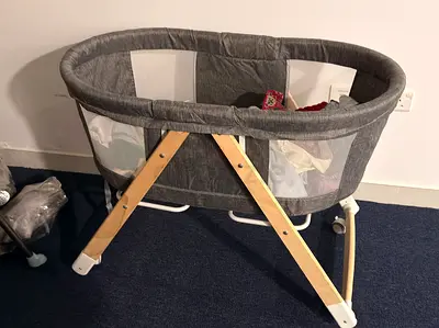 Wooden Frame Baby Bassinet / Cradle in Grey - Good Condition
