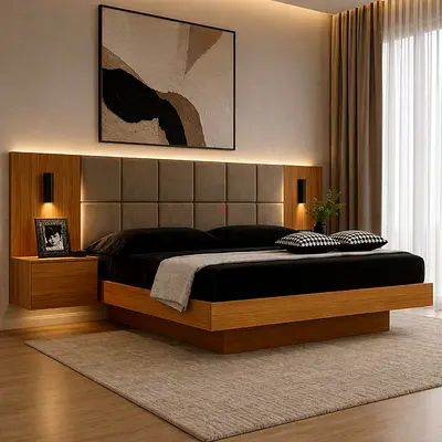 Modern Wooden Platform Bed with Padded Headboard and Floating Nightstands
