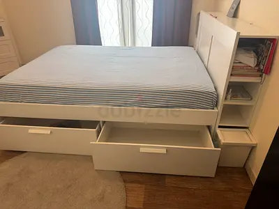 IKEA Mattress + White wooden storage bed with headboard shelves and drawers - MUST SELL TODAY