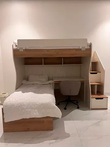 Wooden Bunk Bed with Built-in Desk and Storage - Good Condition