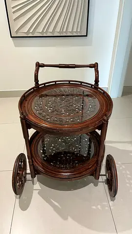 Handmade Vintage Round Wooden Serving Trolley with Glass Inlay