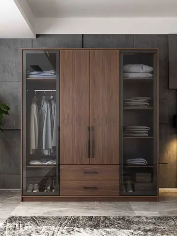 4-Door Wooden Wardrobe with Glass Panels and Drawers - Walnut Finish