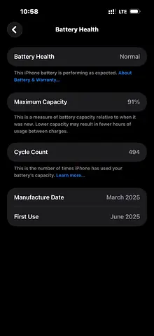 iPhone with 91% Battery Health, 494 Cycles