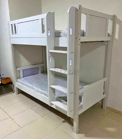 Solid White Wooden Bunk Bed with Staircase - Good Condition