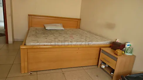 King size wooden bed frame with mattress and bedside drawer - used