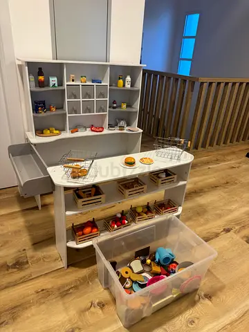 Wooden Play Market Stall with Toy Food and Accessories