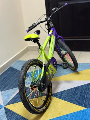 Kids 18-inch BMX style bike — green & purple, good condition.Rarely used and perfect condition.