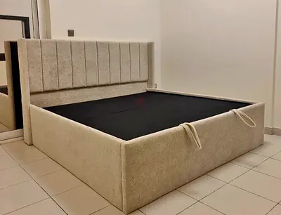 Beige Upholstered King Size Storage Bed with Headboard