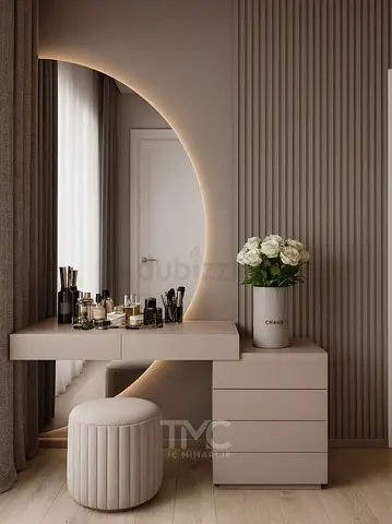 Modern Beige Dressing Table Set with Round Backlit Mirror
