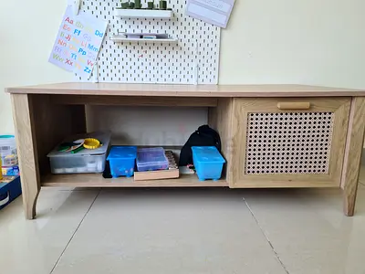 Light oak TV cabinet / low storage unit with rattan door - good condition