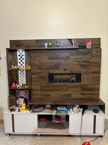Wood-tone TV Entertainment Unit with Shelves and Cabinets