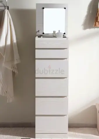 Slim 6-Drawer Tall Chest with Mirror - White Wood