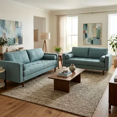 Pair of Mid-Century Style 3+2Seater Sofas in Teal - Good Condition