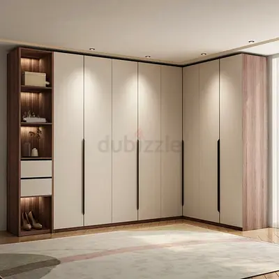 L-shaped Corner Wardrobe with Shelves and Drawers| Beige & Wood Finish| Custom made