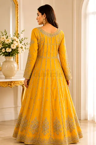 Elegant Mustard Embroidered Anarkali Dress – Excellent Condition