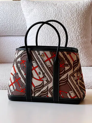Hermess Canvas Tote Bag with Horse Print and Black Leather Trim