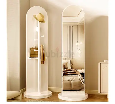 Arched Floor Mirror 165 cm + Built-In Coat Rack – White, Round Base