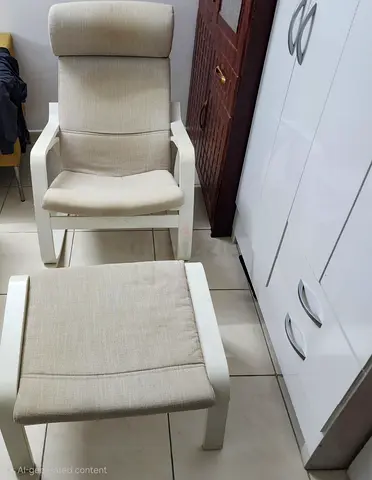 IKEA Poäng Armchair with Footstool - Beige, Good Condition