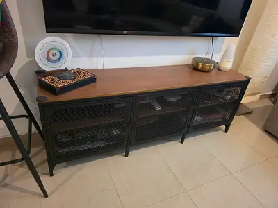 Wooden Top Metal Mesh TV Console Cabinet - Industrial Style