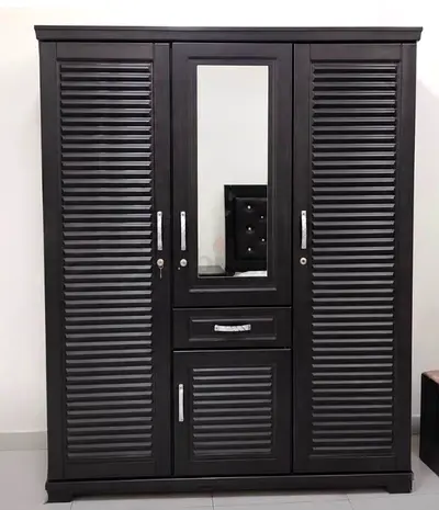 Dark Wood 3-Door Wardrobe with Mirror and Drawers