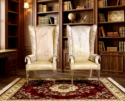 Visionnaire Pair of high-back wing chairs in cream