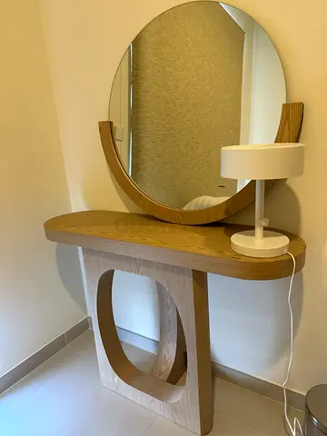 Light Oak Dressing Table with Round Mirror and Shelf