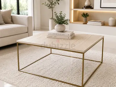 West Elm Square Coffee Table with Light Wood Top and Gold Frame