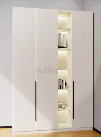 White 3-Door Wardrobe with Center Display Shelves and LED Lighting