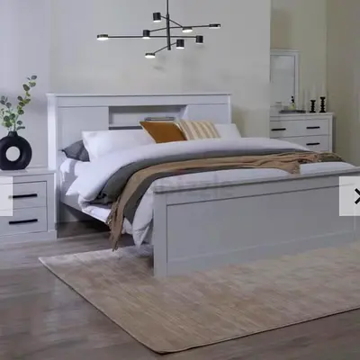 White Wooden Queen Bed with Headboard and Footboard - Good Condition