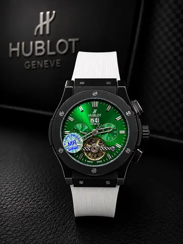 Hublot-style Men's Watch with Green Dial and White Strap (Automatic Tourbillon Look)