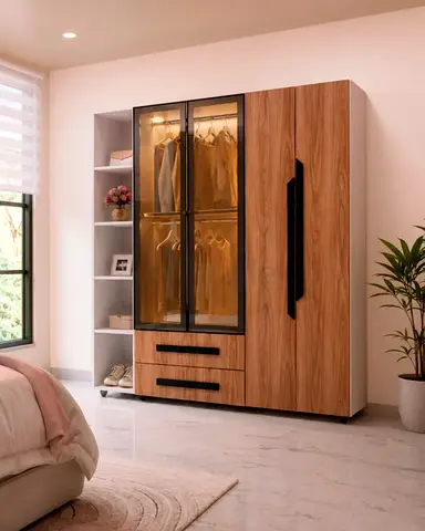 Modern 3-Door Wardrobe with Glass Display and Shelves - Walnut Finish