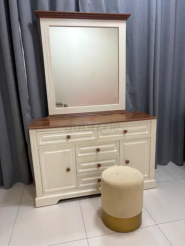 Cream wooden dresser with mirror and wooden top - good condition
