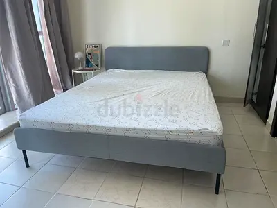 Double Bed Frame with Mattress - Ikea Light Grey, Good Condition