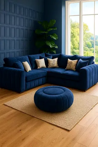 Deep Blue L-shaped Velvet Sofa with Round Ottoman