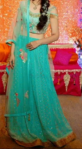 Teal embroidered lehenga choli set with dupatta - size approx S
