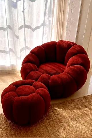 Plush Burgundy Round Lounge Chair with Matching Ottoman